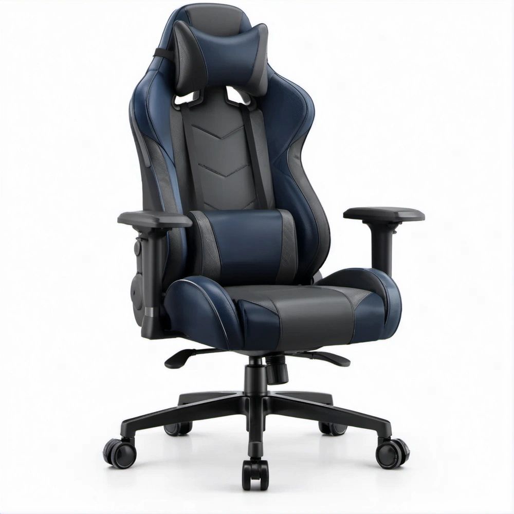 Gaming-Drehstuhl aus PU-Kunstleder in Dunkelblau/Schwarz, 68 x 68 x 122–132 cm