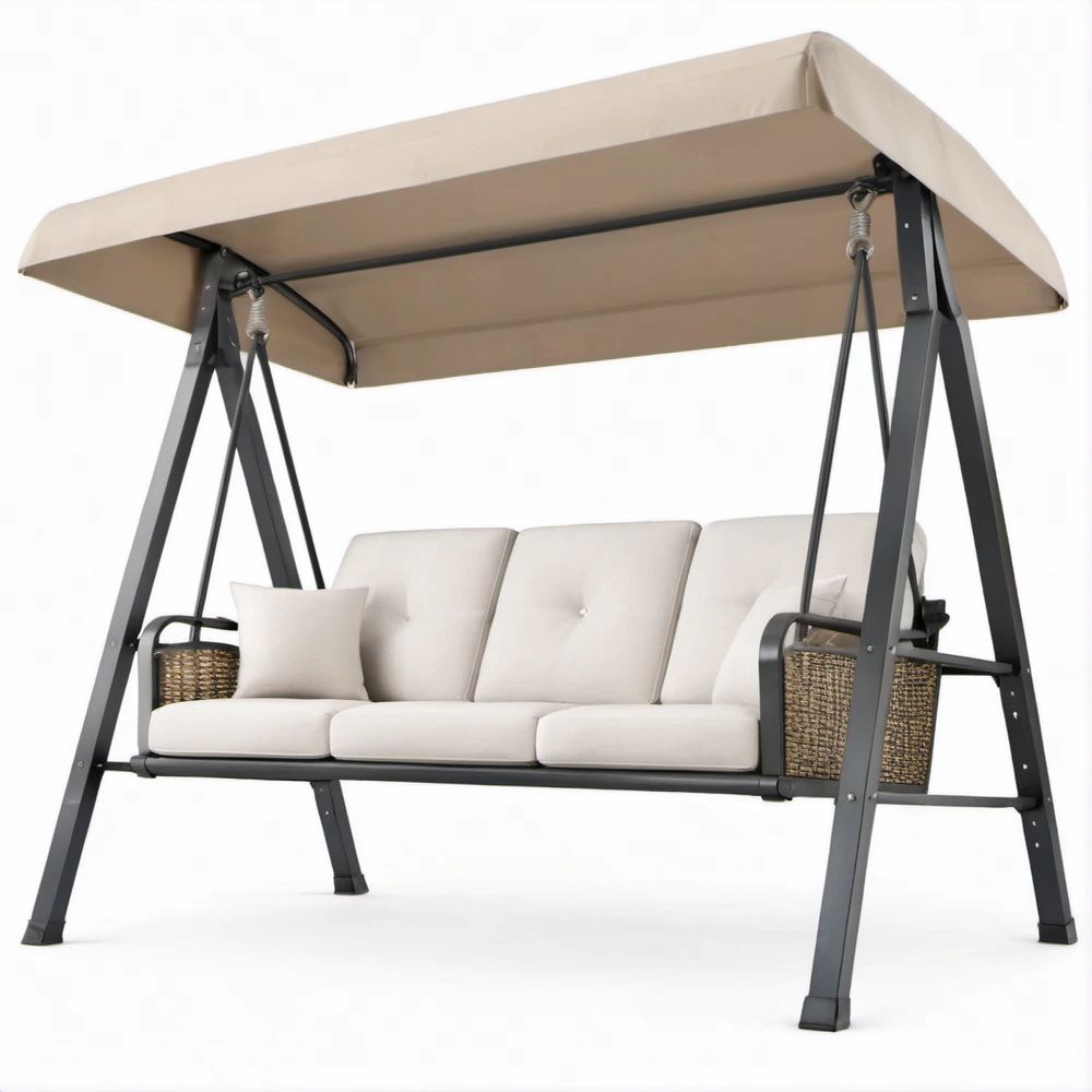 3-Sitzer-Gartenschaukel mit Sonnendach, Beige/Anthrazit/Braun, 200 x 125 x 170 cm