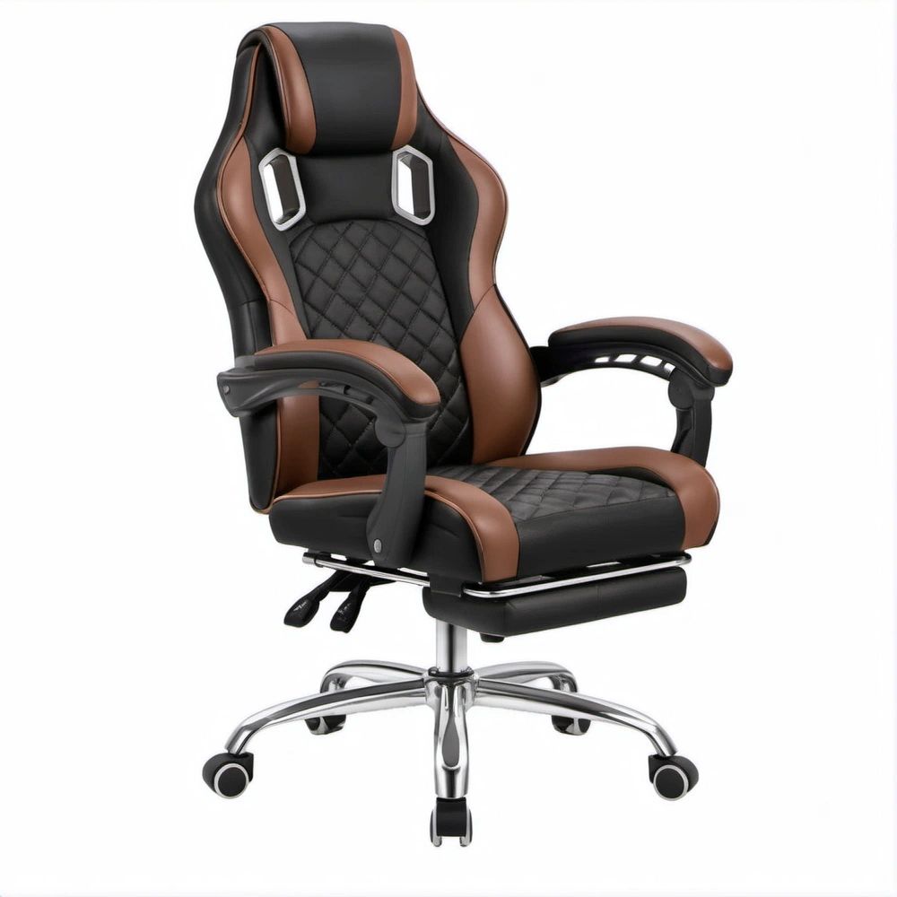 Gamingstuhl aus PU-Kunstleder in Schwarz/Braun/Silber, 68 x 70 x 118–128 cm