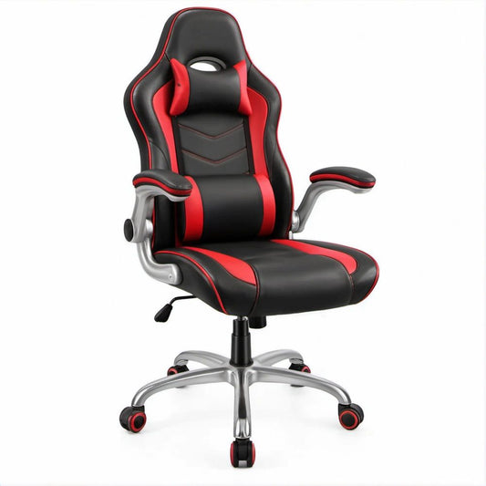 Ergonomischer Gamingstuhl aus PU-Kunstleder mit Kopf- und Lendenkissen, 66 x 66 x 122–132 cm, Schwarz/Rot/Silber