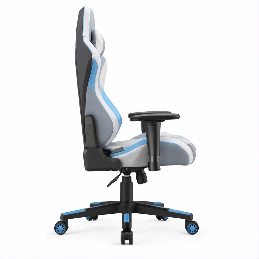 Ergonomischer Gamingstuhl aus Kunstleder in Grau, Weiss, Blau und Schwarz, 68 x 70 x 128–138 cm