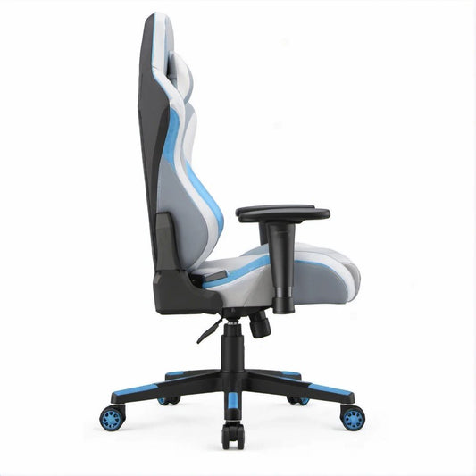 Ergonomischer Gamingstuhl aus Kunstleder in Grau, Weiss, Blau und Schwarz, 68 x 70 x 128–138 cm