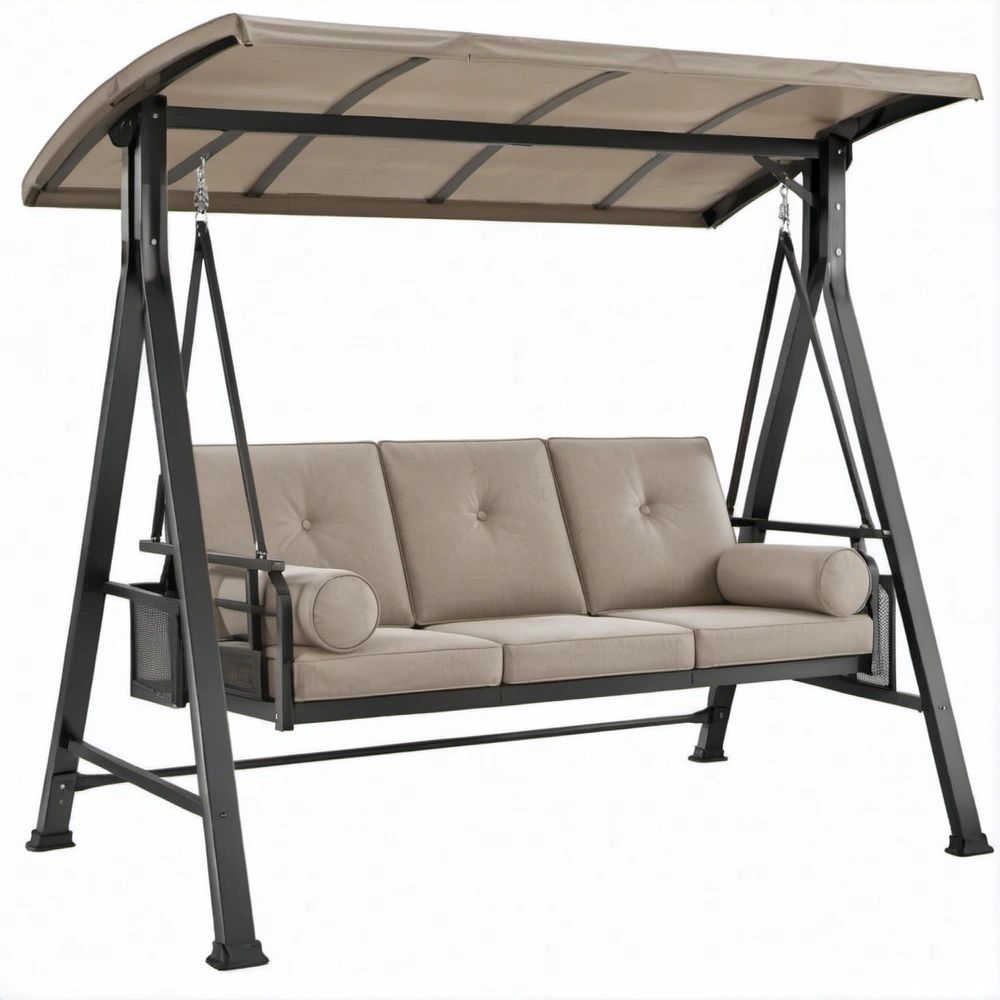 3-Sitzer Gartenschaukel mit Sonnendach, Schwarz/Beige, 200 x 125 x 170 cm