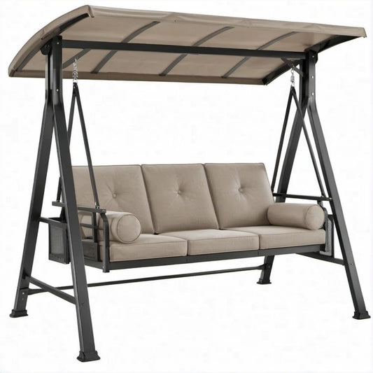 3-Sitzer Gartenschaukel mit Sonnendach, Schwarz/Beige, 200 x 125 x 170 cm