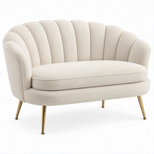 2-Sitzer-Sofa in Muschelform, Creme, Bouclé-Polyester, 130 x 80 x 78 cm