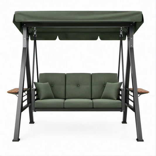 3-Sitzer Gartenschaukel Dunkelgrün/Schwarz/Braun mit Sonnendach, Kissen und Seitenablagen, 230 x 120 x 170 cm