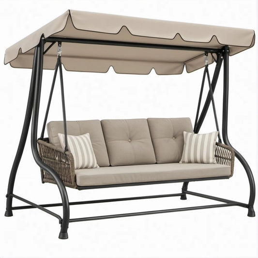 3-Sitzer Gartenschaukel mit Sonnendach, Beige/Schwarz/Braun-Grau, 200 × 120 × 170 cm